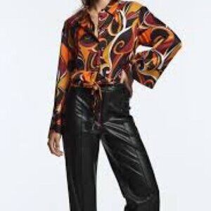Zara Disco Multicolor Abstract Print Bell Sleeve knot Blouse Sz XS